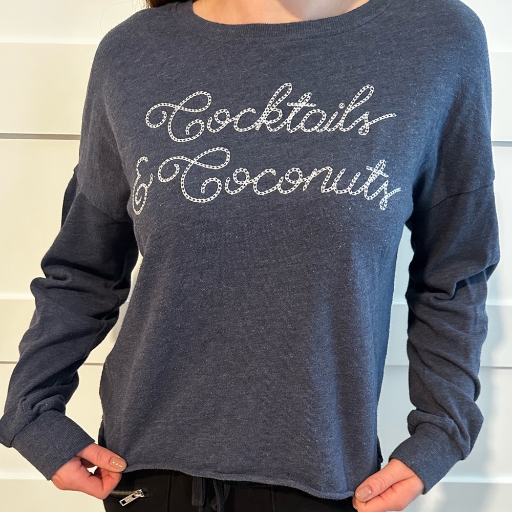 Navy blue “coconuts and cocktails” sweatshirt top